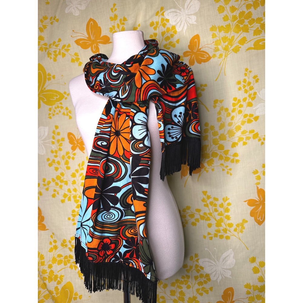 Vintage Groovy Flower Power Scarf Psychedelic Floral Fringe Blue Orange Retro